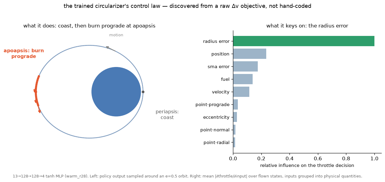 Left: the policy's commanded thrust sampled around an eccentric orbit — coasting most of the way, then a prograde burn at apoapsis. Right: an input-attribution bar chart showing the throttle keys almost entirely on the radius error.